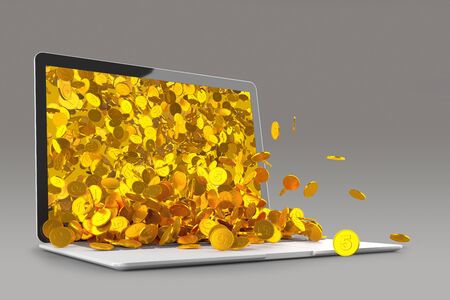 Lots of gold coins spilling out of the laptop monitor 3D illustration..の写真素材