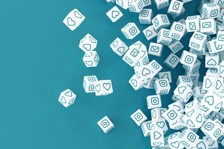 Lots of white cubes with logos of icons from social networks falling on a blue background. 3d illustrationの写真素材