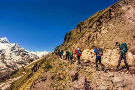 RUSSIA, Elbrus-August 29, 2018: Climbers go climbing. Every year hundreds of people strive to conquer the highest point of Russia.のeditorial素材