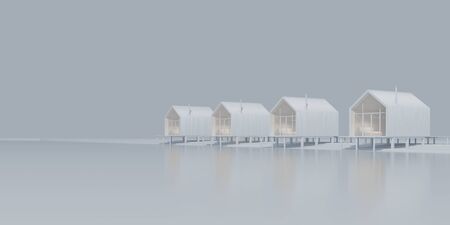 Perspective view of several rural barnhouse style houses lined up by the lake. Concept art in gray tones with warm and cold lighting with copy space. 3D illustrationの写真素材