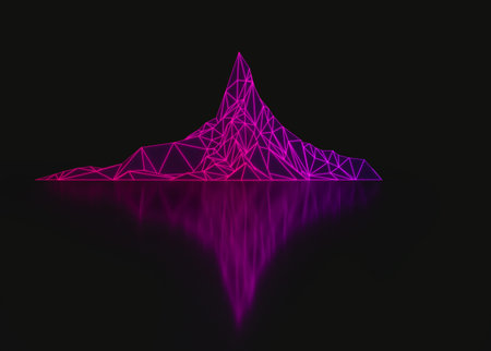 Polygon image of mountain peaks with a glowing backlit 3D illustrationの写真素材