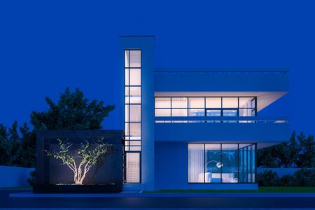Modern house with white plaster with a balcony and a high staircase, in cold night light with warm light from the Windows against the background of trees and a white fence 3D stock illustration.,の写真素材