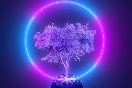 Abstract neon background, mystical cosmic tree sprouting through a round planet in the light of a neon glowing round frame, pink blue glowing, 3d illustration,の写真素材