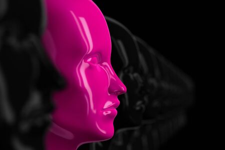 Abstract background with many identical black out of focus female doll faces, one of which is in focus and highlighted in pink color 3D illustration,の写真素材