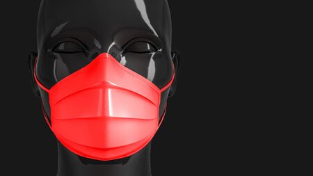 Medical concept, the concept of prohibition of freedom of speech. Womens shiny fashionable black head in a medical mask colored on a black background. 3D stock illustration.の写真素材