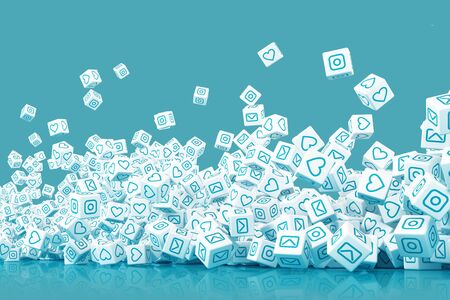 A lot of falling blocks with pictures of icons of social networking 3d illustrationの写真素材