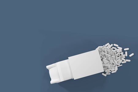 A lot of pills falling out of the toy white car 3d illustration Blue background,の写真素材