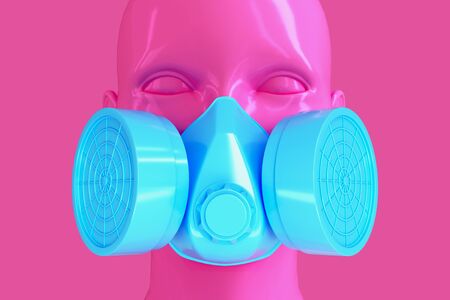 Minimalistic glamorous background with female pink shiny porcelain face and blue respirator on pink background. 3D illustrationの写真素材
