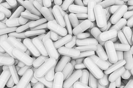 A lot of white pills scattered on a blue background. 3d illustratio,の写真素材