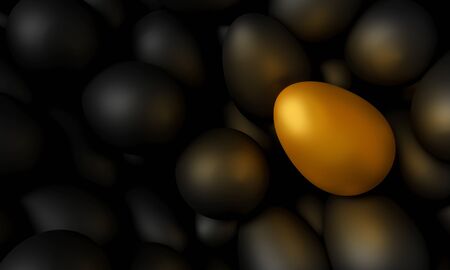 A golden egg lying among the black eggs. 3d illustration,の写真素材