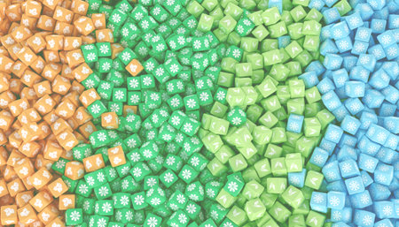 The texture of scattered cubes of different colors with icons representing different seasons. 3d...
