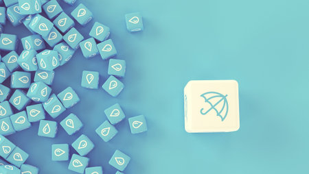 Drawing from many scattered cubes with icons of clouds and one large with the image of the umbrella.