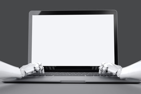 Hands of the robot typing on the keyboard of the laptop in front of an empty screen 3D illustrationの写真素材