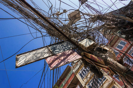Nepal, Kathmandu -November 20, 2018: Lots of tangled wires on streets and lampposts