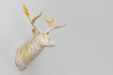 Lots of shiny threads intertwined in the shape of a voluminous deer head on the wall. Christmas concert. 3D illustrationの写真素材
