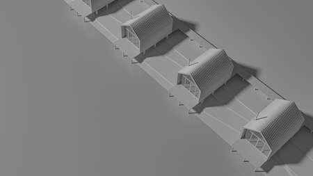 Perspective view from above several rural houses in the style of barnhouse built in a line by the lake. Concept art in gray tones with evening lighting with copy space. 3D illustration.の写真素材