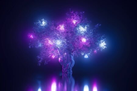 Abstract neon background, mystical space planet with tree sprouted on it in the light of pink blue ultraviolet light glowing toys suspended from tree branches, 3d illustration with copy spaceの写真素材