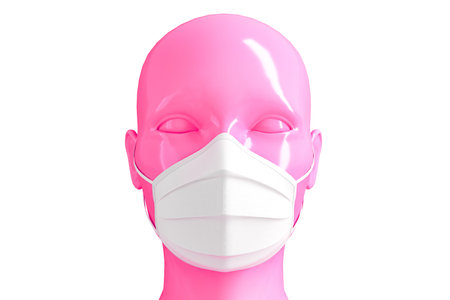 Medical concept, the concept of prohibition of freedom of speech. Women's shiny fashionable head in a medical mask colored on a pink background. 3D stock illustration.の写真素材