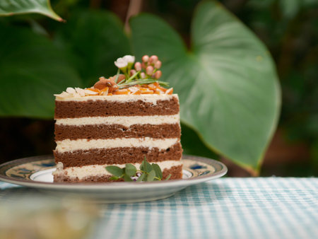 Sweet and tasty chocolate cake isolated in beasutiful dish on leaf background