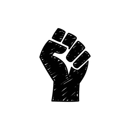 Doodle style raised fist hand on white background. Protest, rebel, fight - isolated vector illustrationのイラスト素材