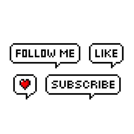 Pixel art 8-bit retro game style speech bubbles set with text. Follow me, like, heart, subscribe - isolated vector illustrationのイラスト素材