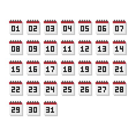 Pixel art 8-bit from 1 to 31 day month calendar icon set - isolated vector illustrationのイラスト素材