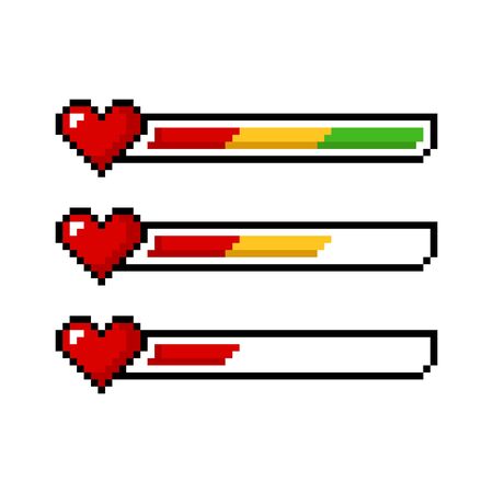 Pixel art 8 bit red yellow green health heart bar set - isolated vector illustrationのイラスト素材