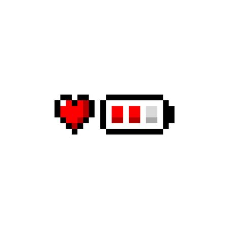 Pixel art heart and battery red icon 8-bit - isolated vector illustrationのイラスト素材