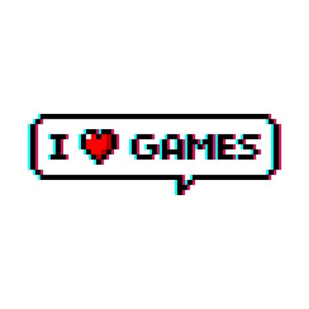 Pixel art 8-bit speech bubble saying i love games with heart icon - isolated vector illustrationのイラスト素材