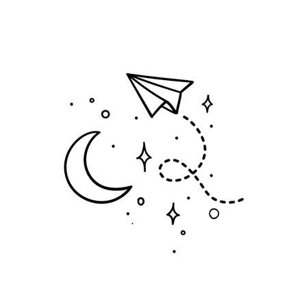 Doodle style paper plane with tracing line flying in space around the moon - isolated vector illustrationのイラスト素材