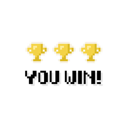 Pixel art 8-bit You Win text with three winner golden cups on white background - isolated vector illustrationのイラスト素材