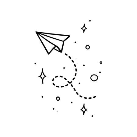 Doodle style paper plane with tracing line flying in space with stars - isolated vector illustrationのイラスト素材