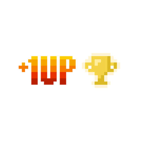 Pixel art 8-bit 1 level up and winner golden cup icon on white background - isolated vector illustrationのイラスト素材