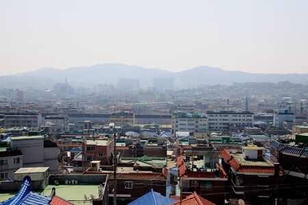 It is the appearance of the downtown covered with fine dust.の写真素材