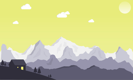 Moiuntain landscape scene vector. Nature scene with cloudy sky. View of mountains with little cottage.のイラスト素材