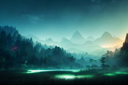 Fantasy natural environment. Fantasy landscape. Illustration of a colorful scene.の写真素材