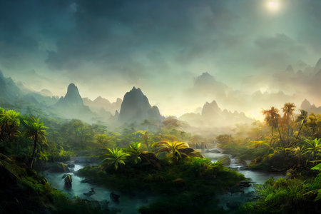 Fantasy natural environment. Fantasy landscape. Illustration of a colorful scene.の写真素材