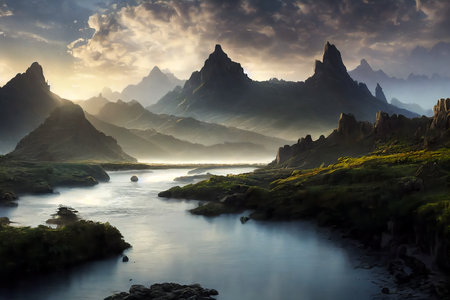 Fantasy natural environment. Fantasy landscape. Illustration of a colorful scene.の写真素材