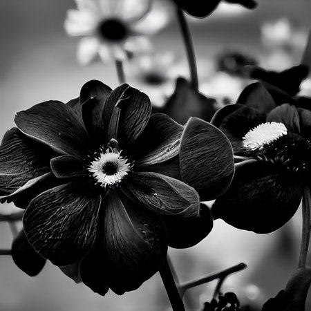 Black and white flower blossoms. Paeonia blossoms illustration.の写真素材