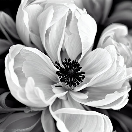 Black and white flower blossoms. Paeonia blossoms illustration.の写真素材