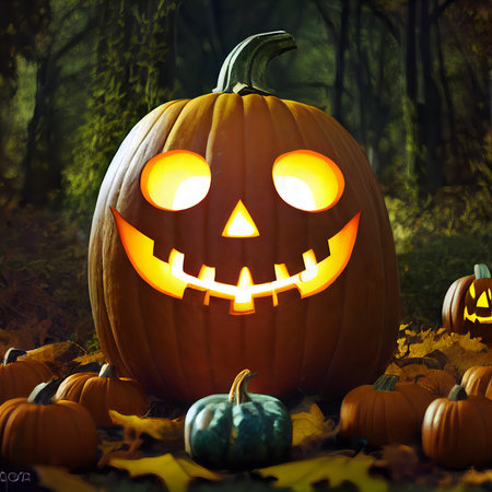 Orange head jack lantern. Carved Halloween pumpkins in forest. Scary pumpkin character.の写真素材