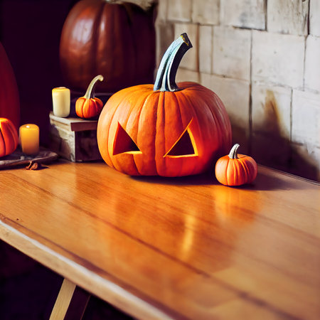 Orange head jack lantern. Carved Halloween pumpkins decorations. Pumpkin composition.の写真素材