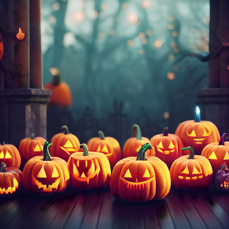 Orange head jack lantern. Carved Halloween pumpkins decorations. Pumpkin composition.の写真素材