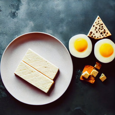 Diced tofu cheese on the plate. Alternative vegetarian food.の写真素材