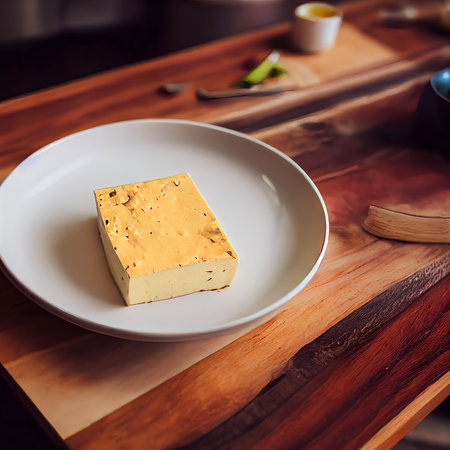 Diced tofu cheese on the plate. Alternative vegetarian food.の写真素材