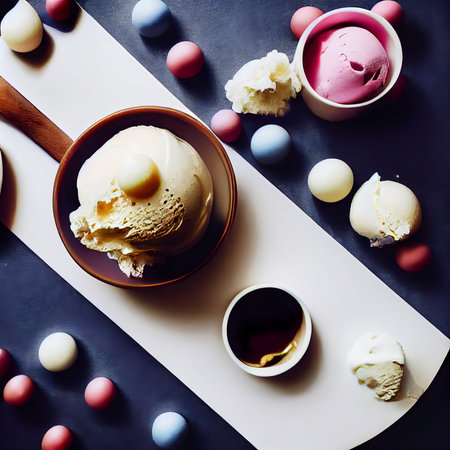 Variety of ice cream scoops with flavor. Set of ice cream scoops of different colors.の写真素材