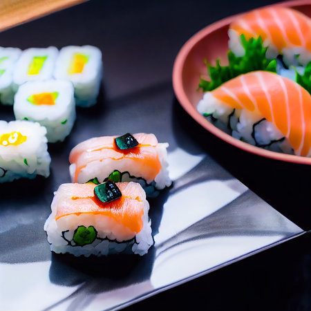 A variety of traditional Japanese sushi. Made from rice and salmon and tuna.の写真素材