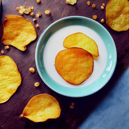 Close-up of potato chips or crisps in a bowl or on the table.の写真素材