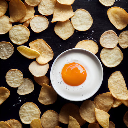 Close-up of potato chips or crisps in a bowl or on the table.の写真素材