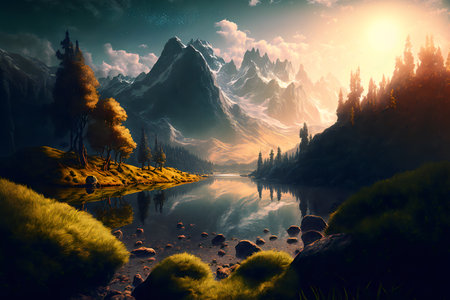 Beautiful forest scenery. Green trees in the wilderness. Fresh nature landscape. Natural fantasy landscape.の素材